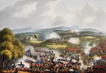 キャトルブラの戦い、1815年6月16日、「イギリスとその同盟国の1799年から1815年までの武道の成果」から、ジェームスジェンキンス著、トーマスサザーランド（bc1785）によって彫刻され、1815年（aq